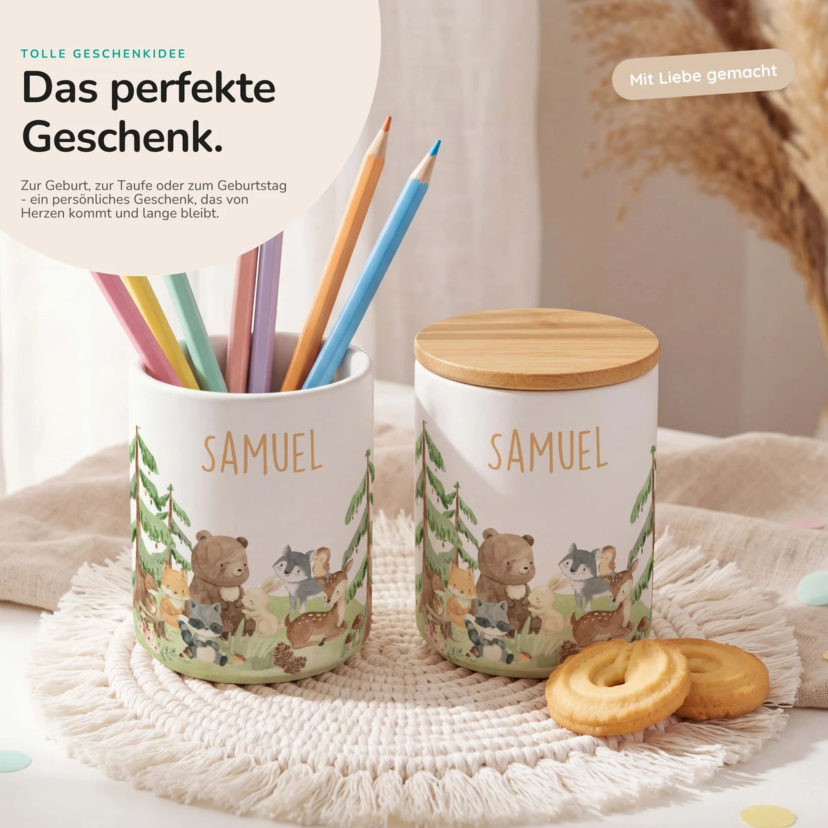 Personalisierte Keksdose Waldfreunde II – Keramik & Bambus mit Wunschname