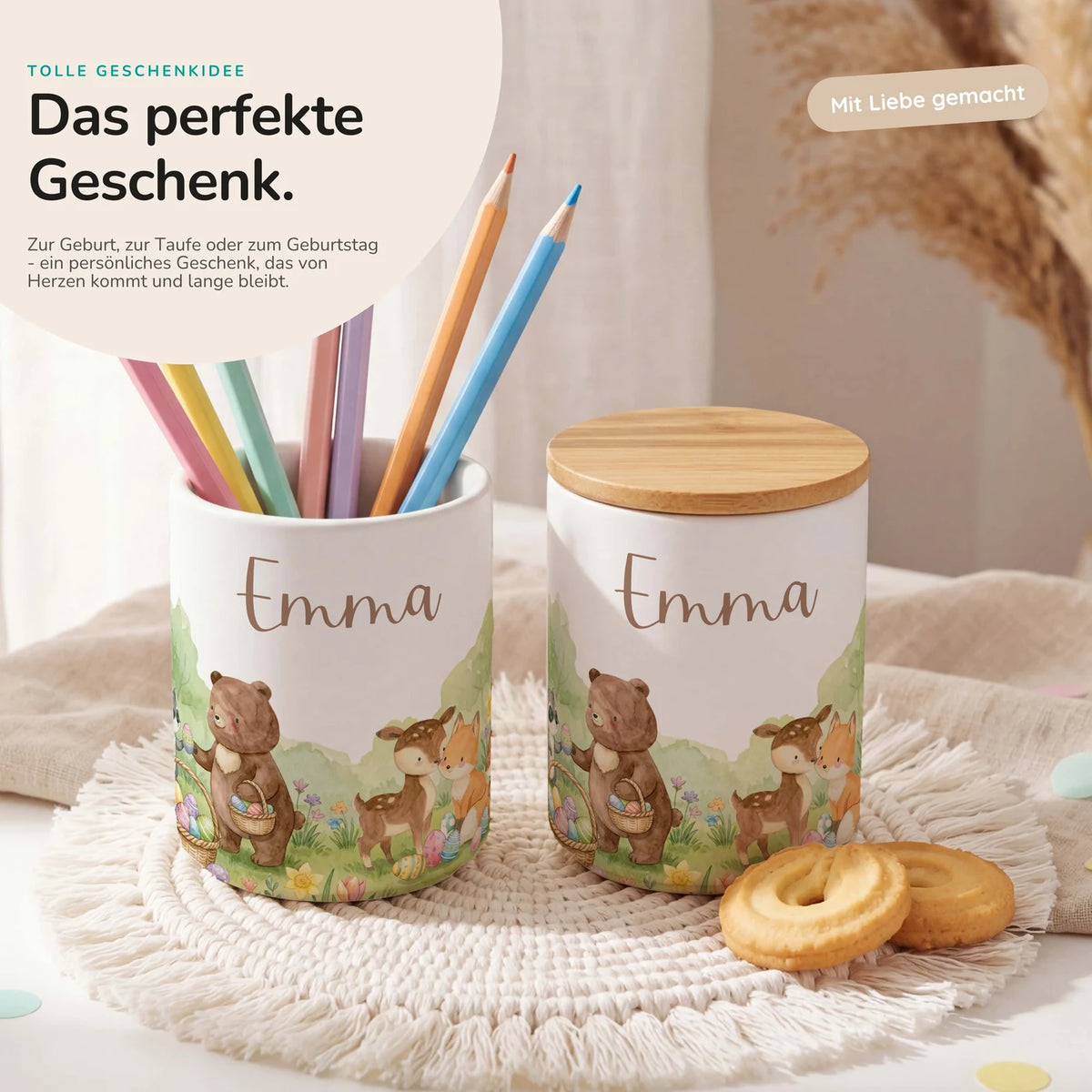 Personalisierte Keksdose Ostern Bärenfamilie – Keramik & Bambus mit Wunschname
