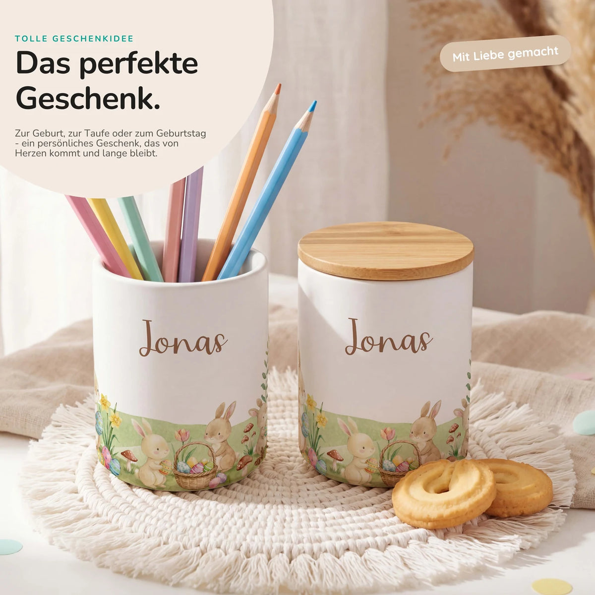 Personalisierte Keksdose Ostern Hasen – Keramik & Bambus mit Wunschname