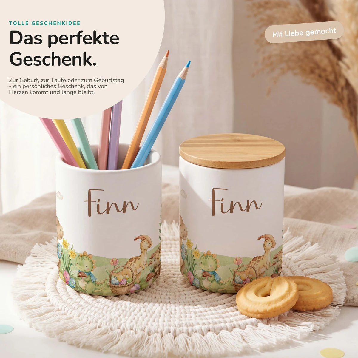 Personalisierte Keksdose Dinos Ostern – Keramik & Bambus mit Wunschname