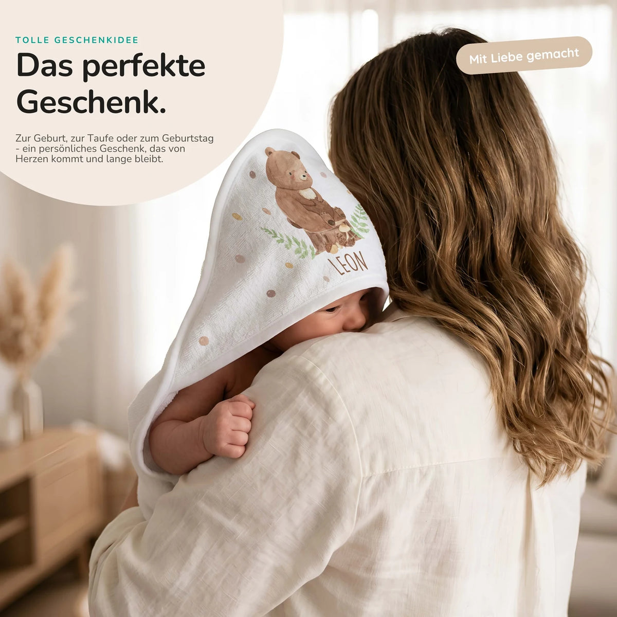 Personalisiertes Kapuzenhandtuch Baby – Bär Farn