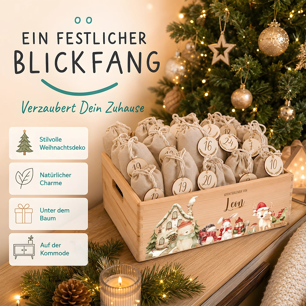 Adventskalender zum Befüllen "Winterdorf mit Tieren" personalisiert