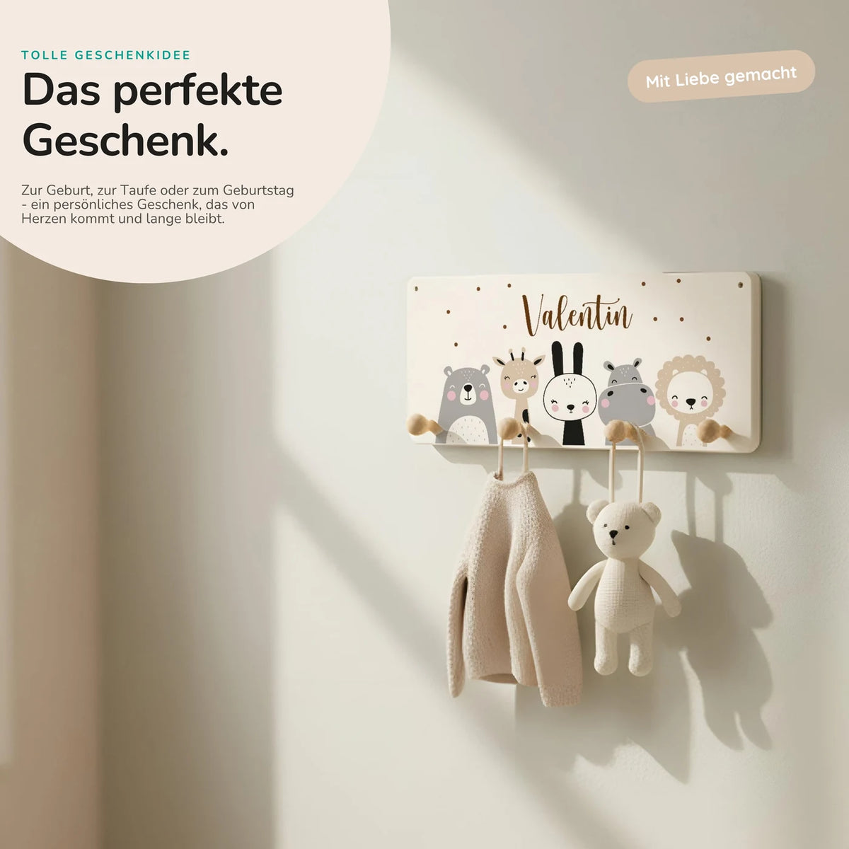Kindergarderobe Holz personalisiert - Tierfamilie