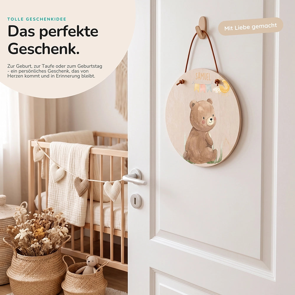Türschild Kinderzimmer personalisiert mit Name Bär mit Wimpelkette