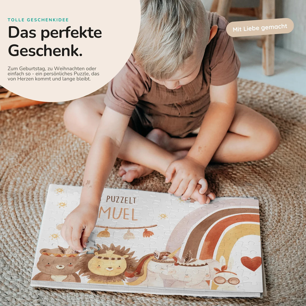 Kinderpuzzle personalisiert mit Namen - Boho Tiere mit Regenbogen