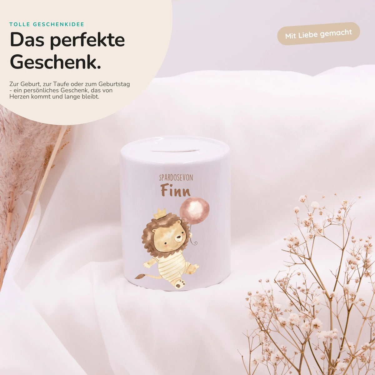 Spardose Kinder aus Keramik - Löwe mit Ballon