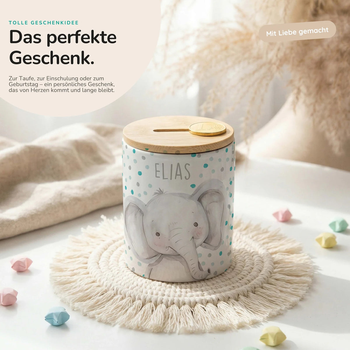 Personalisierte Spardose Elefant Konfetti – Keramik & Bambus mit Wunschname