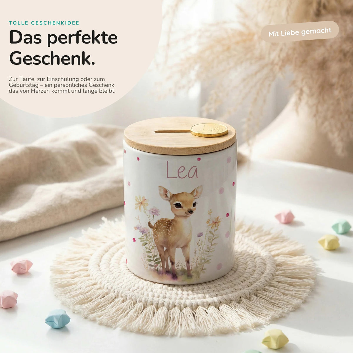 Personalisierte Spardose Rehkitz Blumenwiese – Keramik & Bambus mit Wunschname