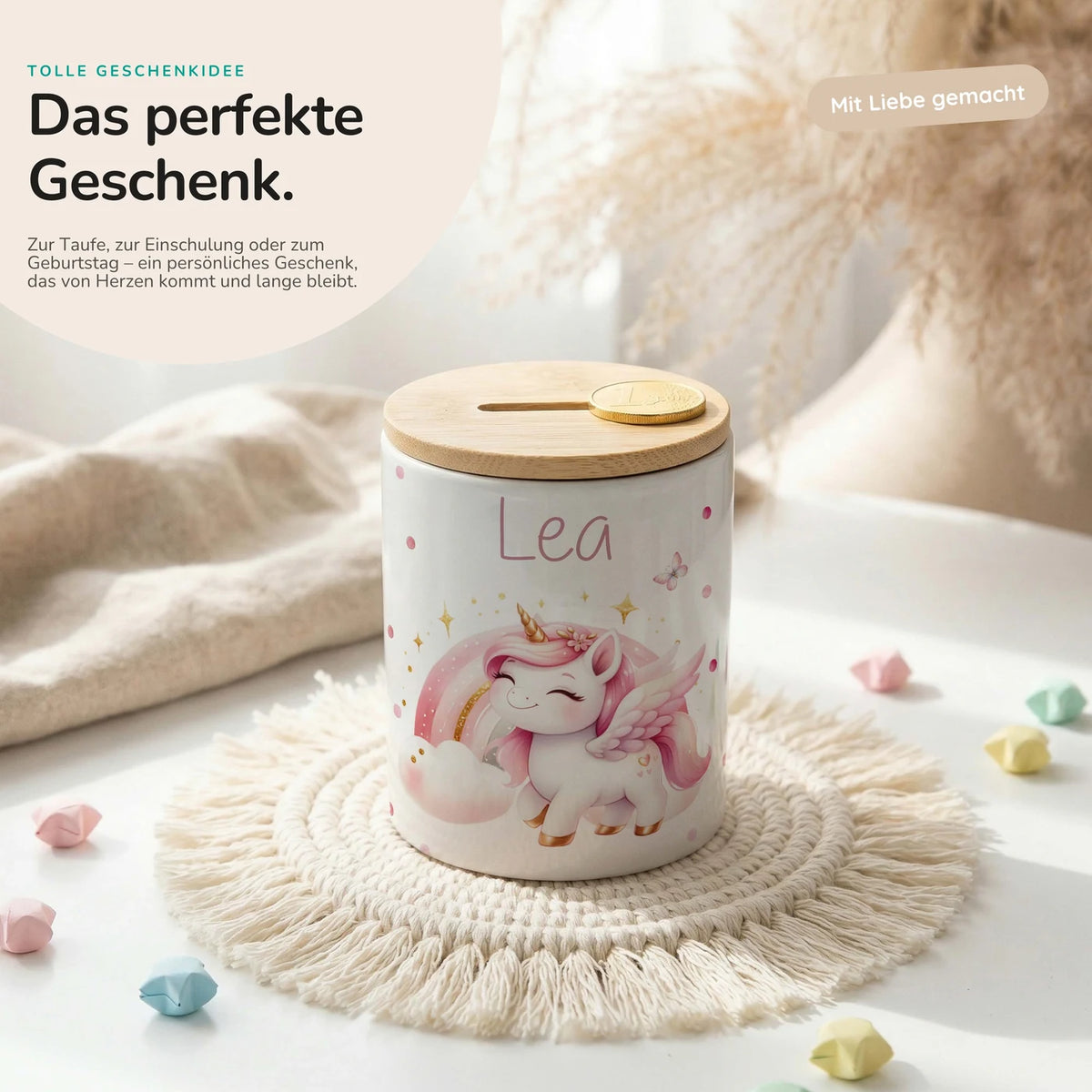 Personalisierte Spardose Einhorn Flügel – Keramik & Bambus mit Wunschname