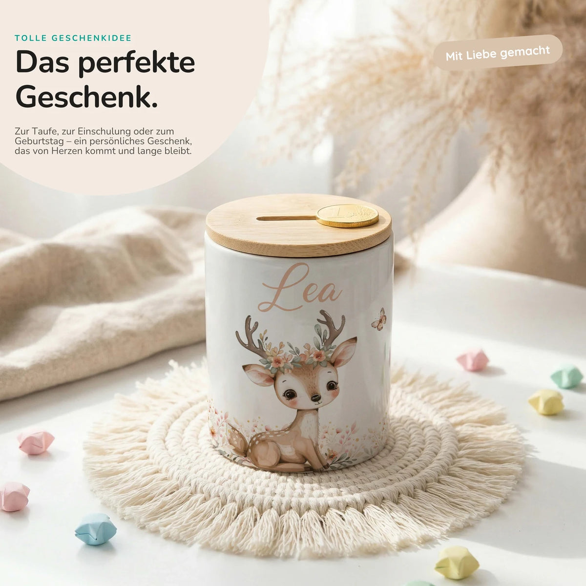 Personalisierte Spardose Reh Blumenkranz – Keramik & Bambus mit Wunschname