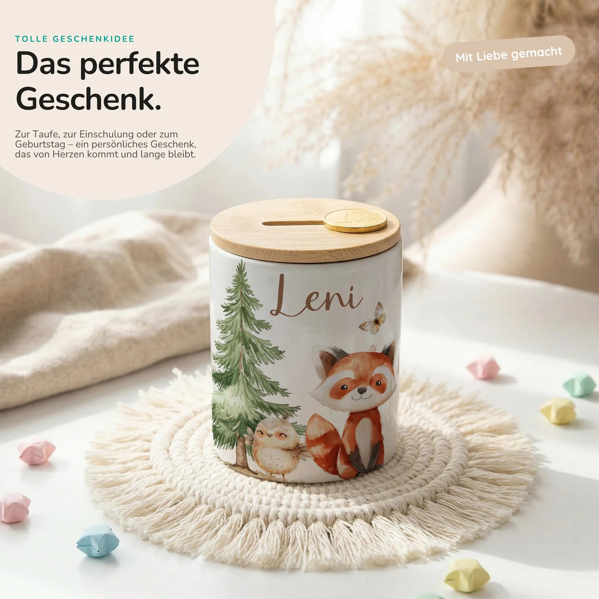 Personalisierte Spardose Roter Panda & Eule – Keramik & Bambus mit Wunschname