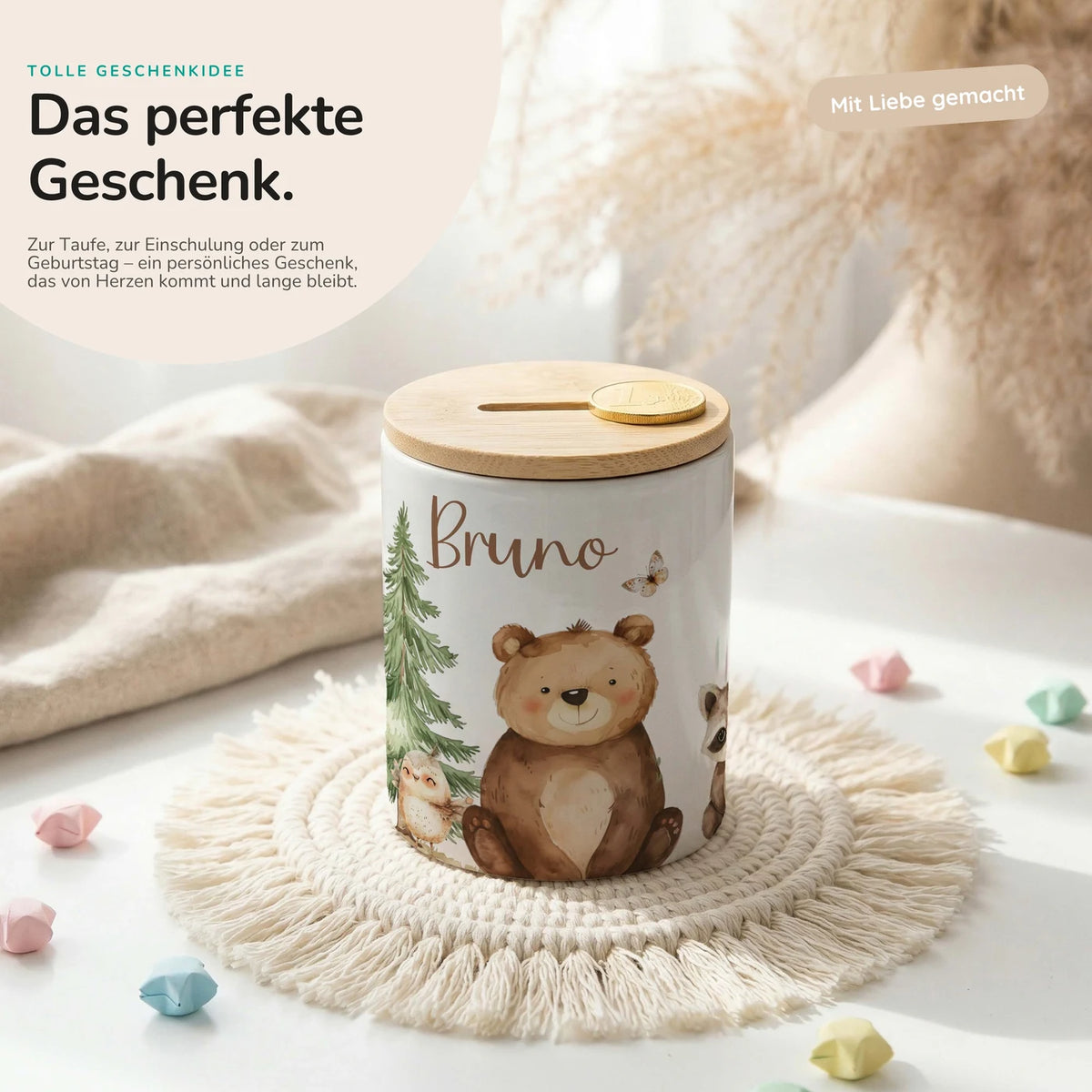Personalisierte Spardose Bär & Waschbär – Keramik & Bambus mit Wunschname