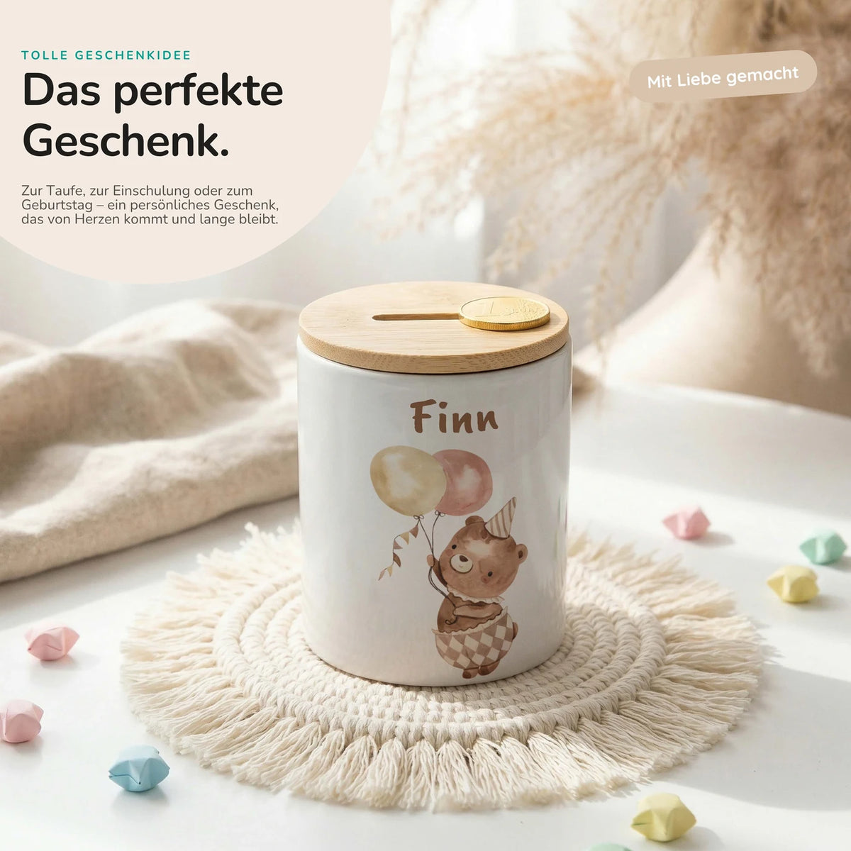 Personalisierte Spardose Bär Geburtstag – Keramik & Bambus mit Wunschname