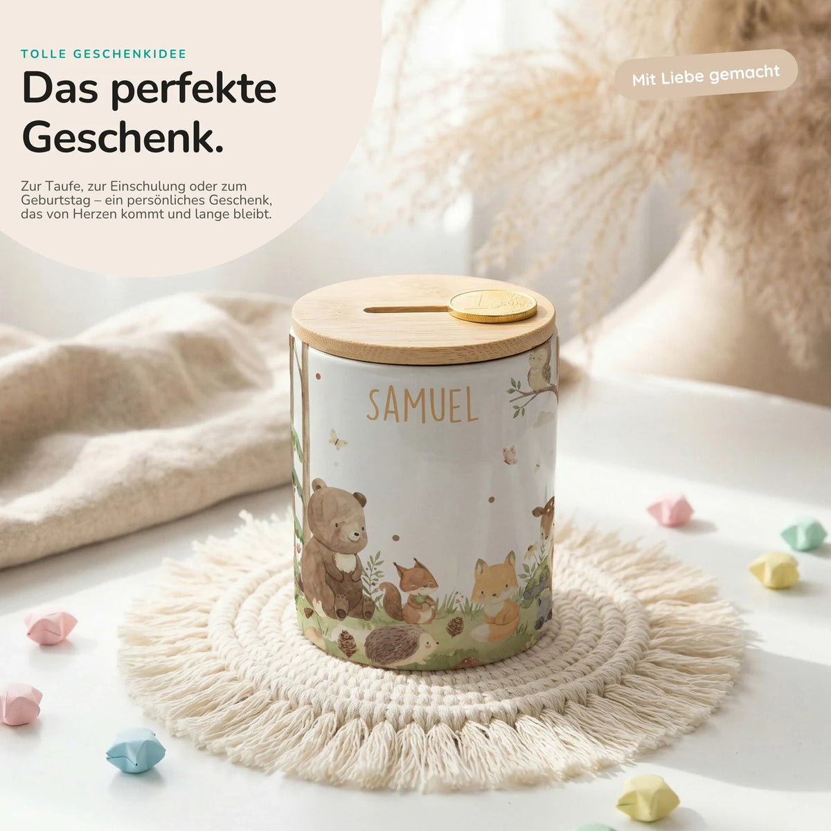 Personalisierte Spardose Waldfreunde I – Keramik & Bambus mit Wunschname