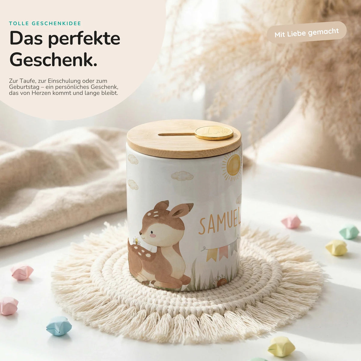 Personalisierte Spardose Rehkitz Sonne – Keramik & Bambus mit Wunschname
