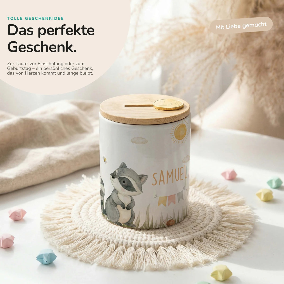 Personalisierte Spardose Waschbär Sommer – Keramik & Bambus mit Wunschname