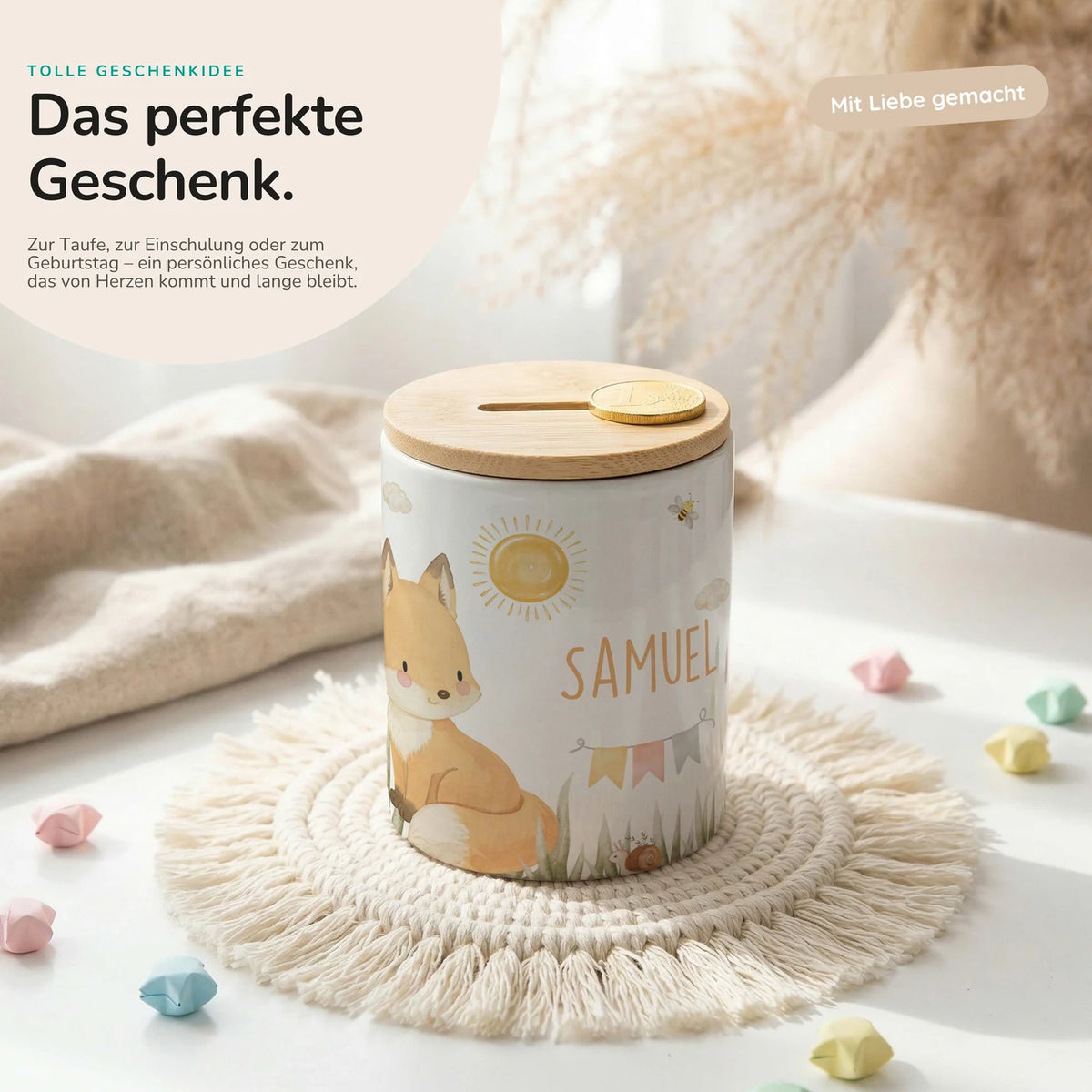 Personalisierte Spardose Fuchs Sommer – Keramik & Bambus mit Wunschname