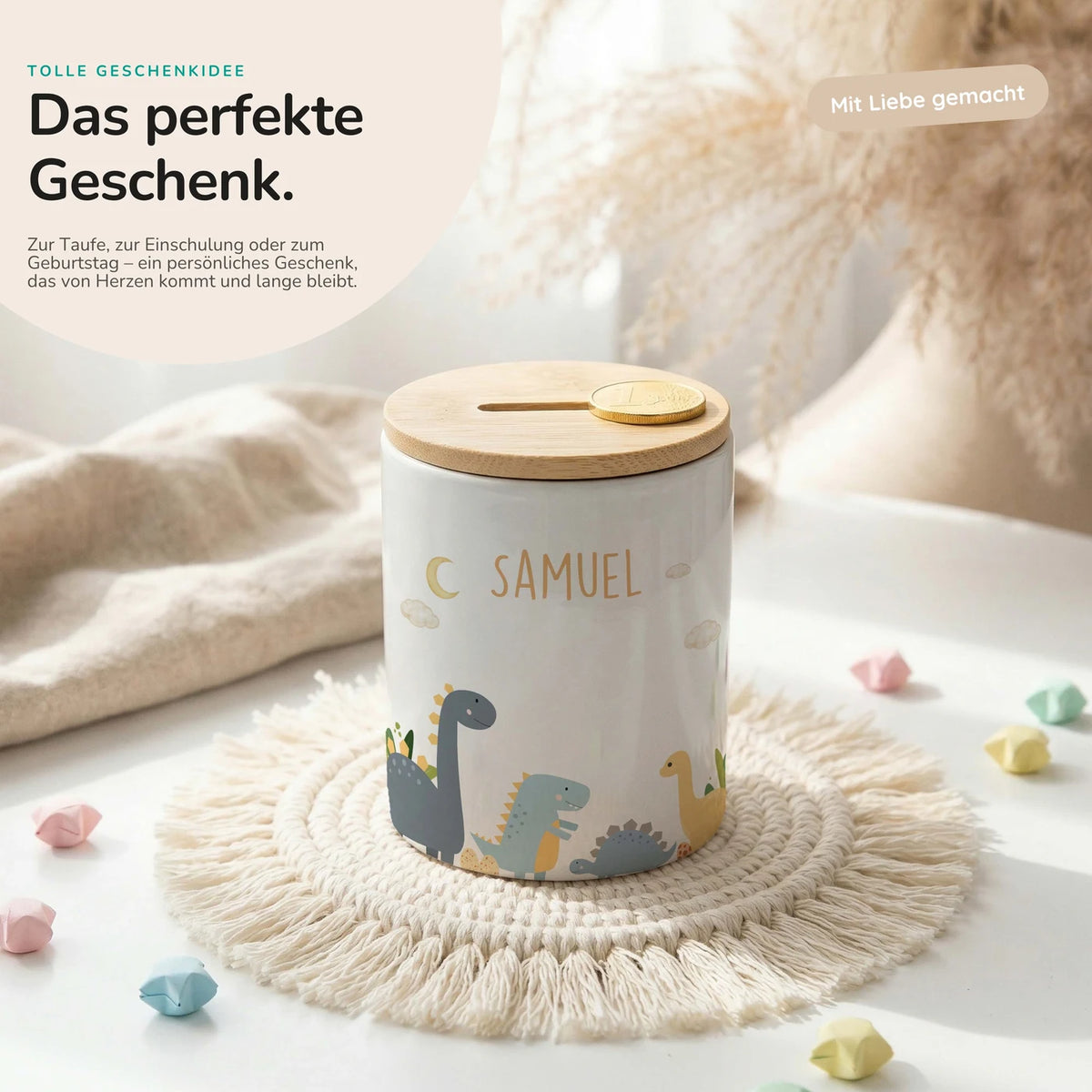 Personalisierte Spardose Dinosaurier Mond – Keramik & Bambus mit Wunschname