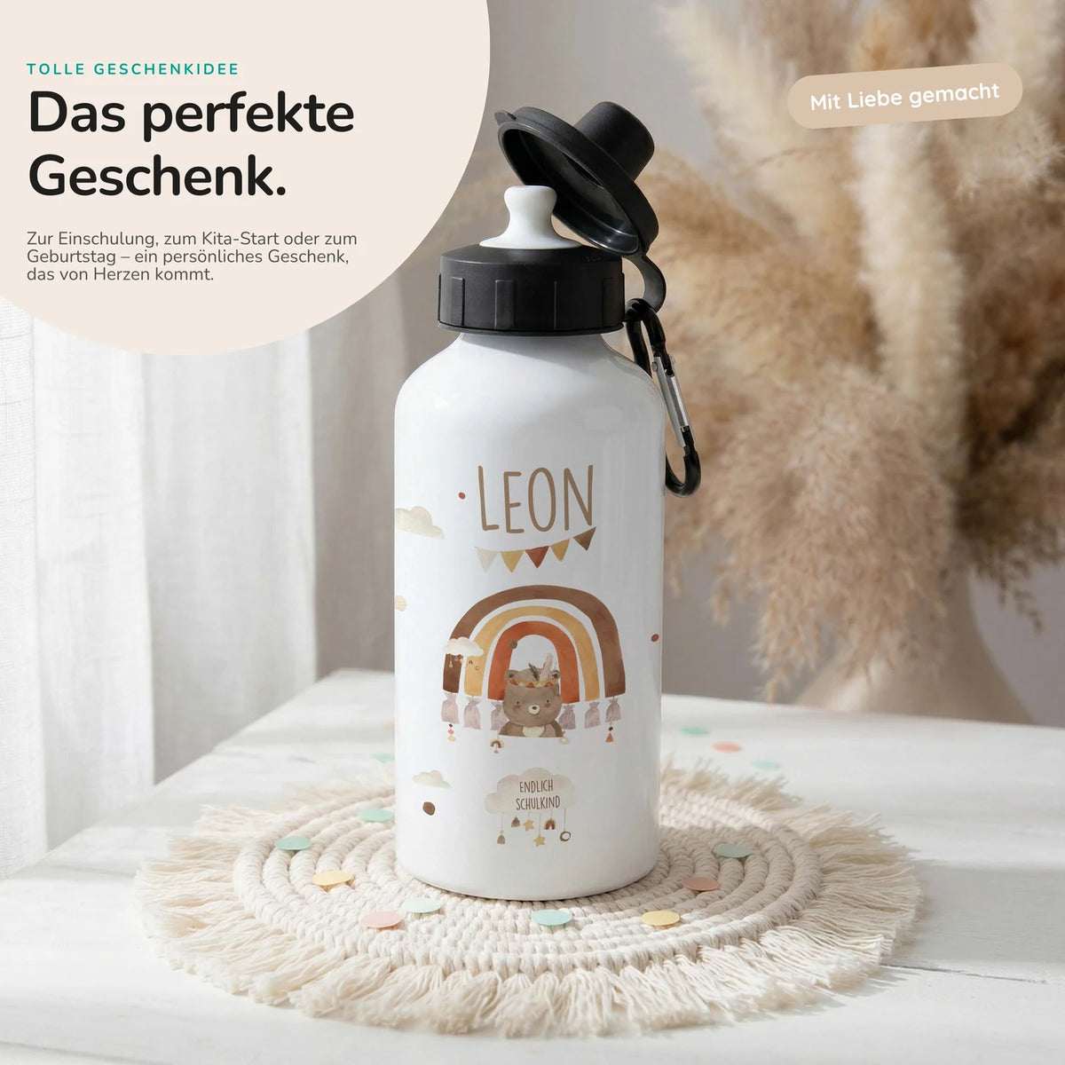 Personalisierte Trinkflasche Kinder – Bär Regenbogen Schulkind