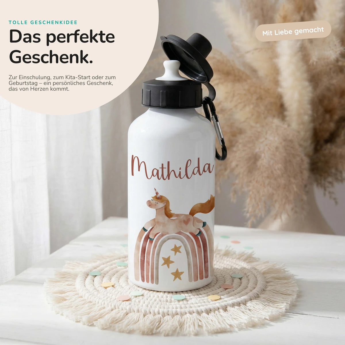 Personalisierte Trinkflasche Kinder – Einhorn Boho-Regenbogen