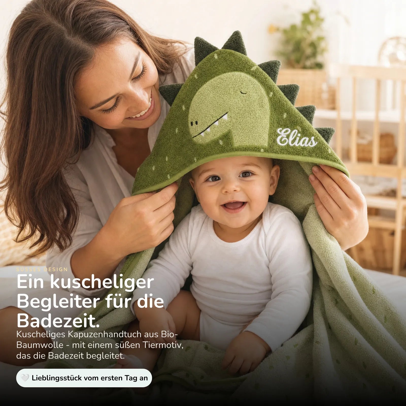 Trixie Kapuzenhandtuch Baby Dino, aus 100% Bio-Baumwolle, kuscheliger Frottee