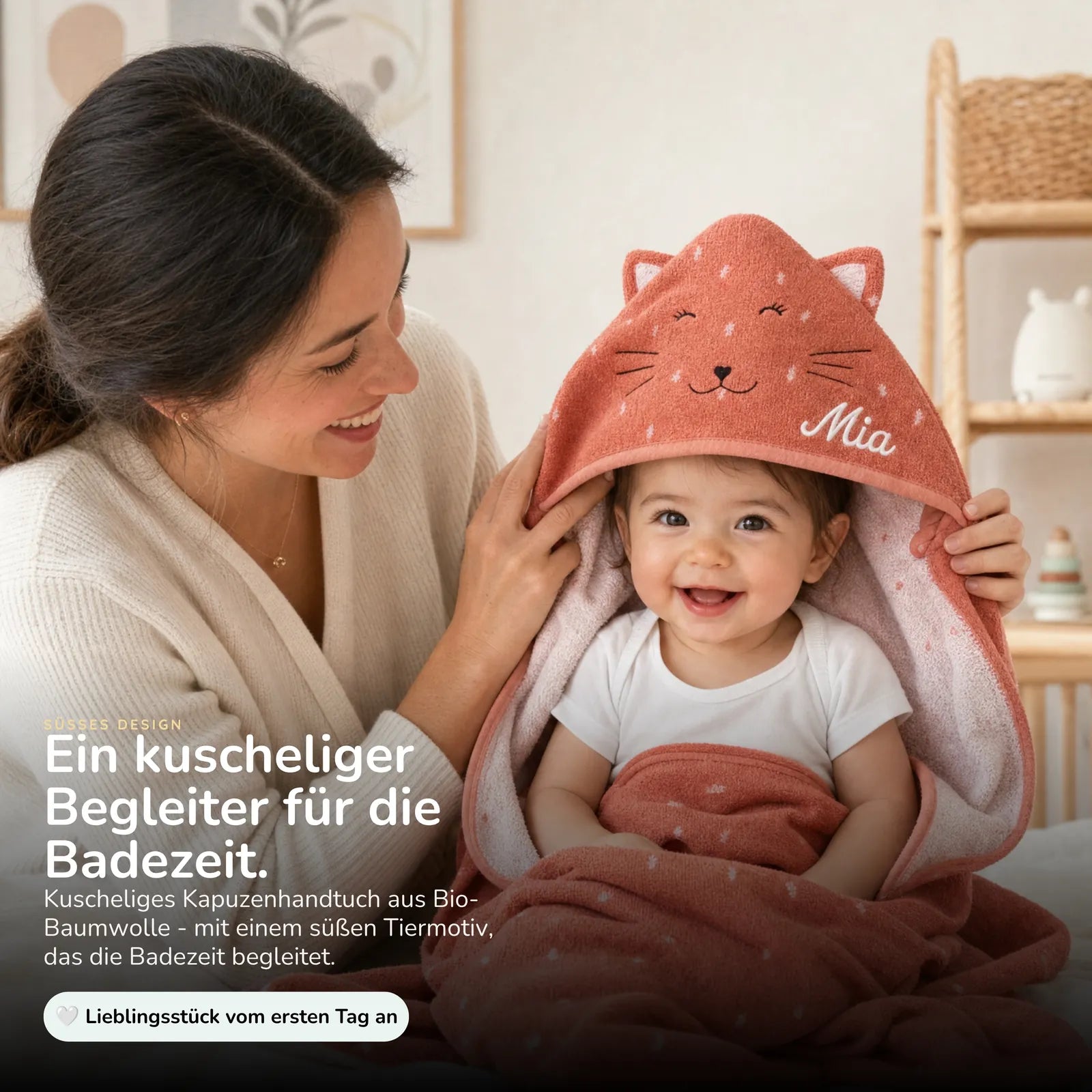 Trixie Kapuzenhandtuch Baby Katze, aus 100% Bio-Baumwolle, kuscheliger Frottee