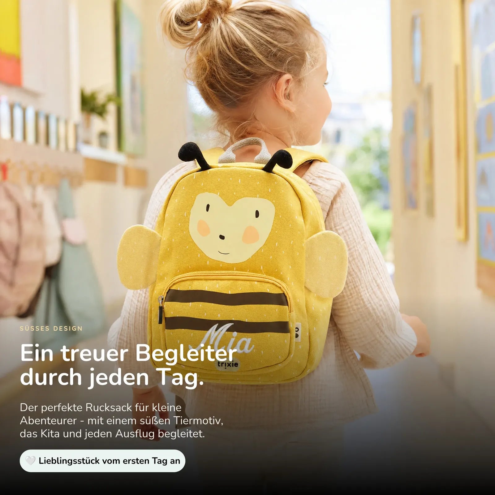 Trixie Kindergartenrucksack Biene, Name mit weißen Stickfäden bestickt