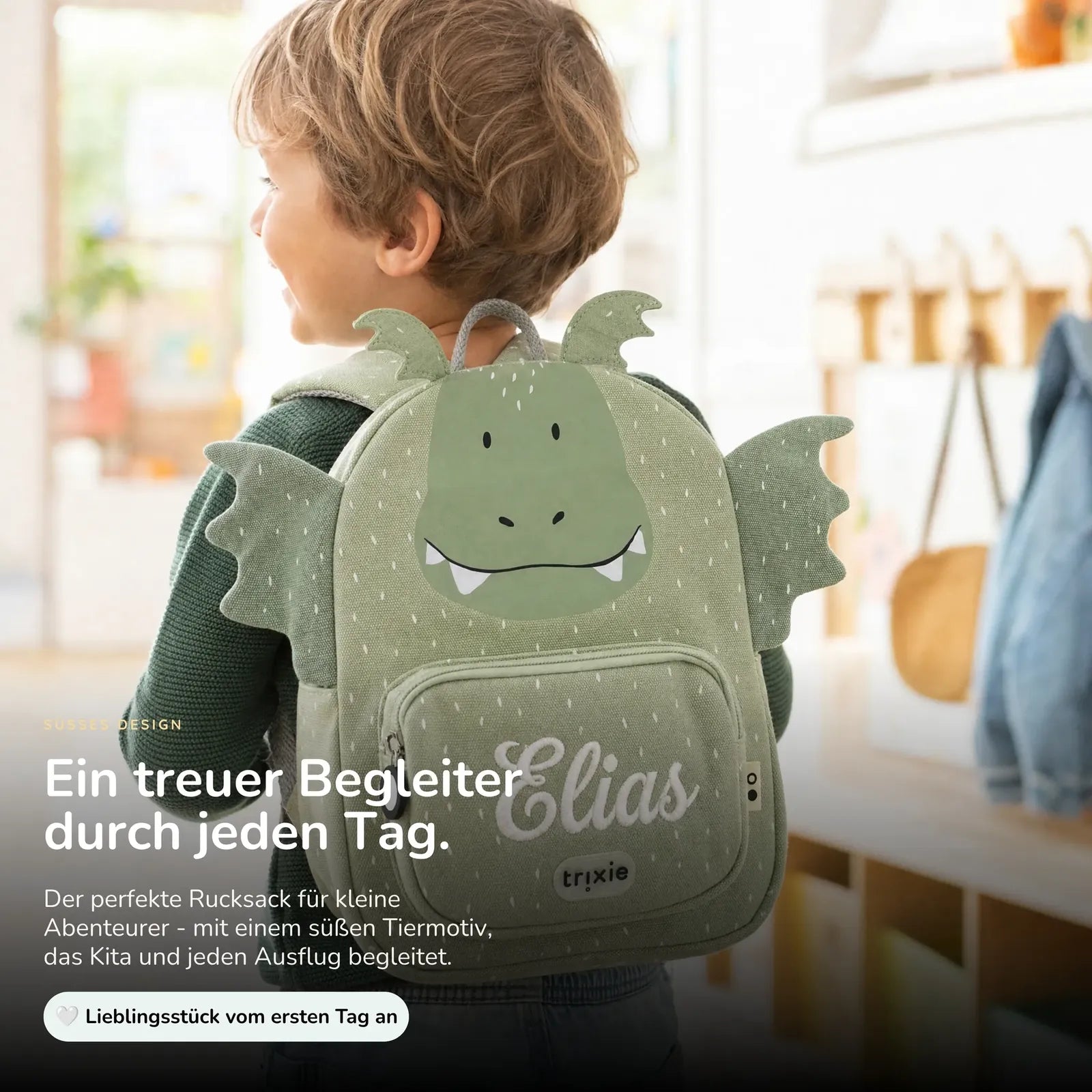 Trixie Kindergartenrucksack Drache, Name mit weißen Stickfäden bestickt