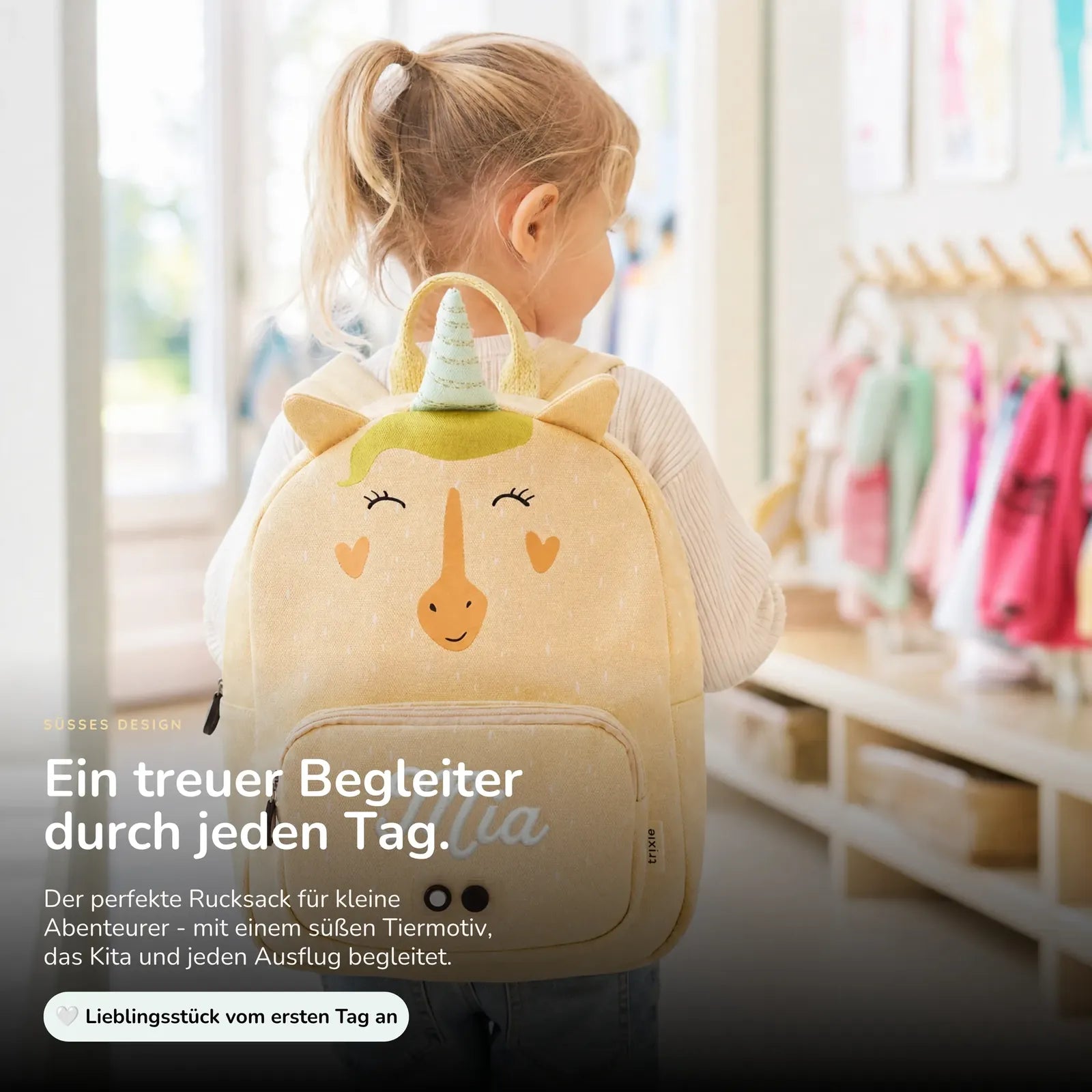 Trixie Kindergartenrucksack Einhorn, Name mit weißen Stickfäden bestickt
