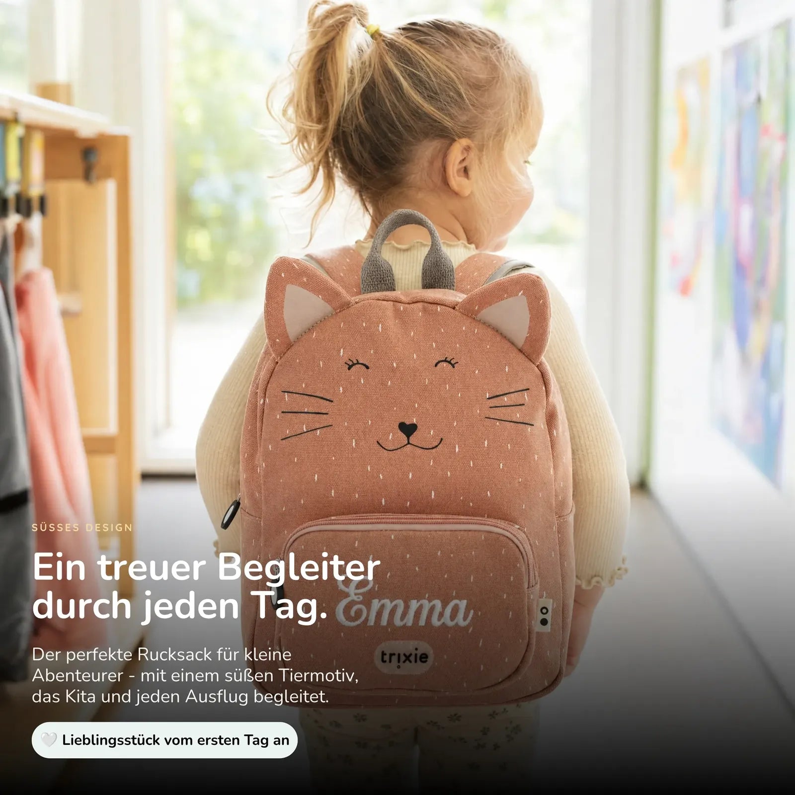 Trixie Kindergartenrucksack Katze, Name mit weißen Stickfäden bestickt