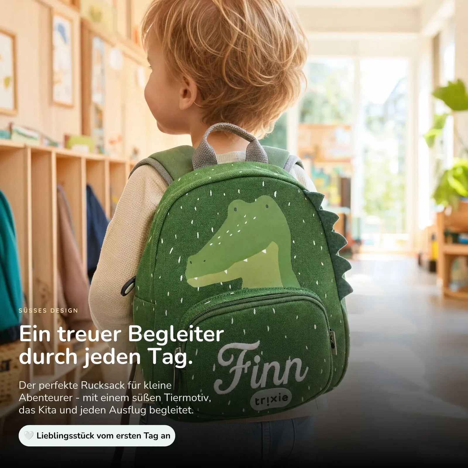 Trixie Kindergartenrucksack Krokodil, Name mit weißen Stickfäden bestickt