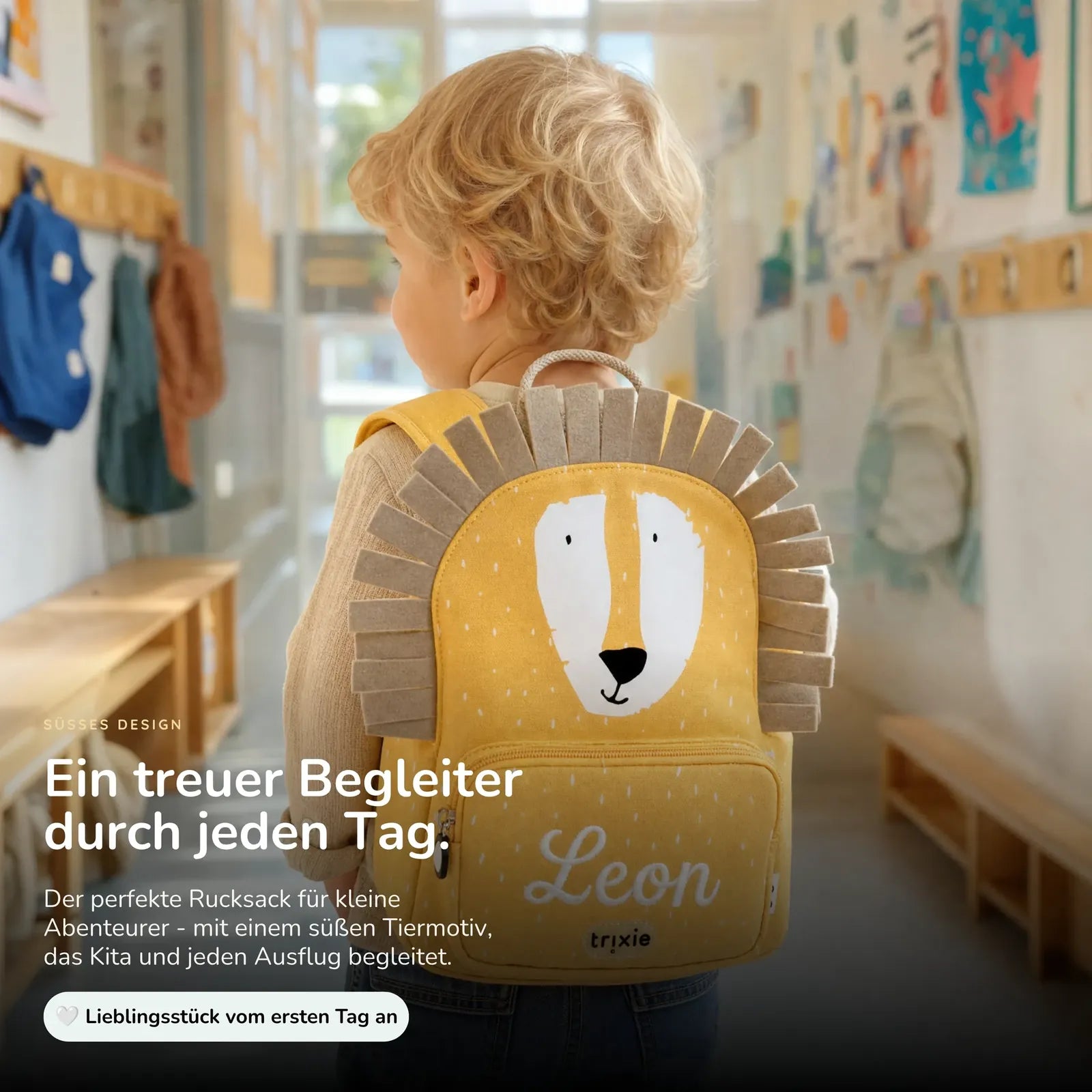 Trixie Kindergartenrucksack Löwe, Name mit weißen Stickfäden bestickt