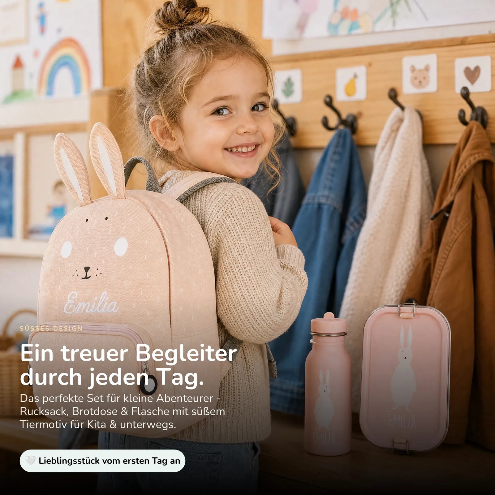 Trixie Kindergarten Set Hase, ergonomischer Rucksack im Set mit Namen