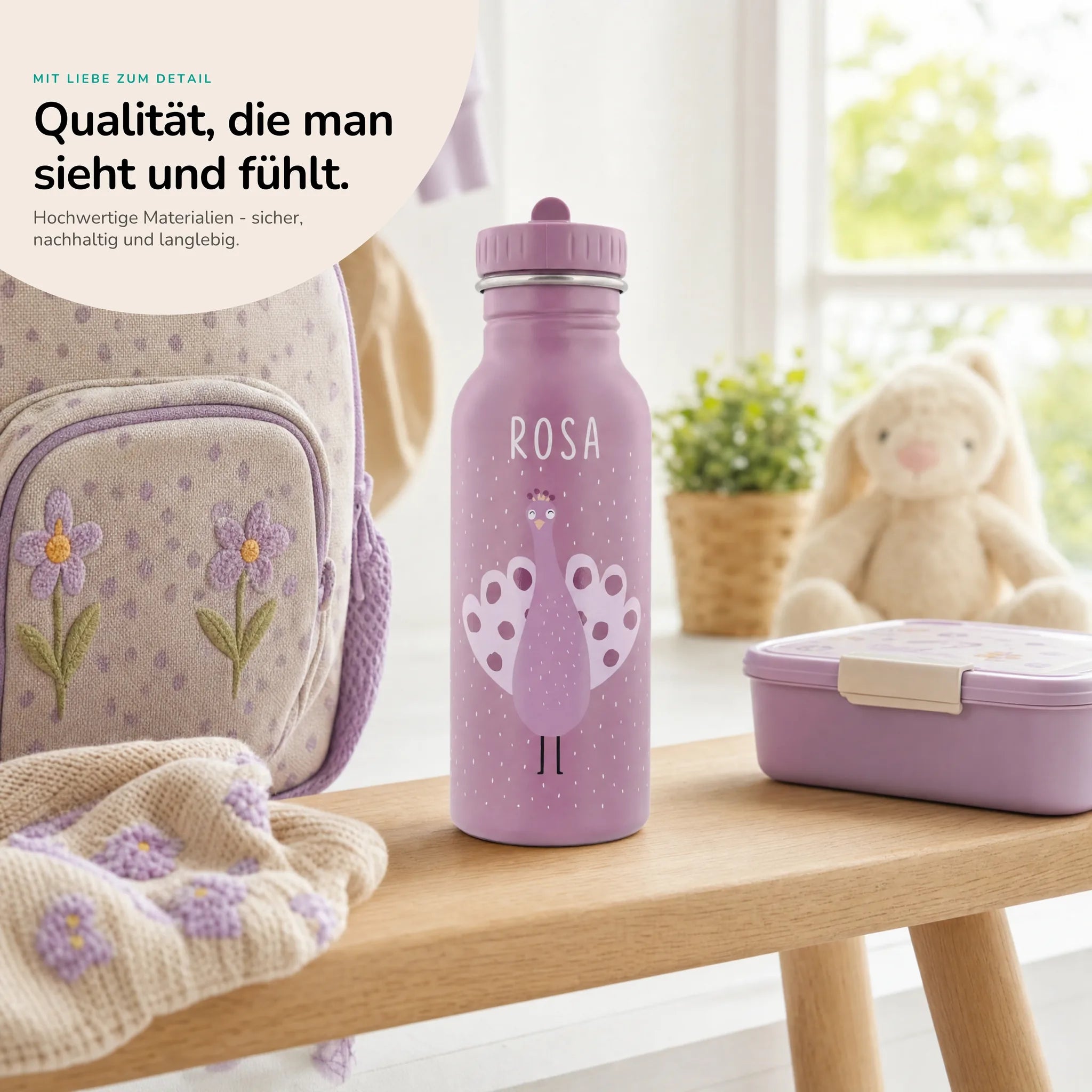 Trixie Trinkflasche Kinder Pfau, robuster Edelstahl mit Namensgravur