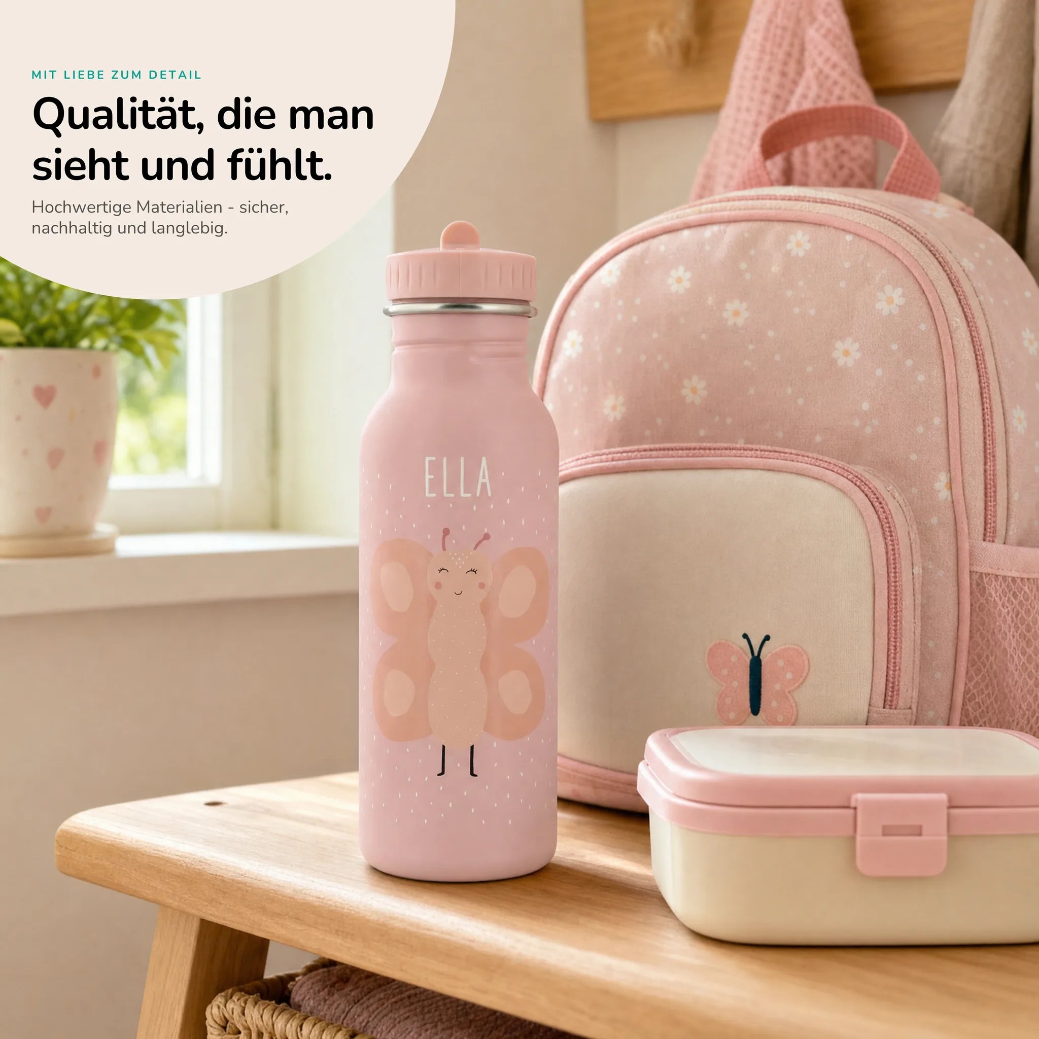 Trixie Trinkflasche Kinder Schmetterling, robuster Edelstahl mit Namensgravur
