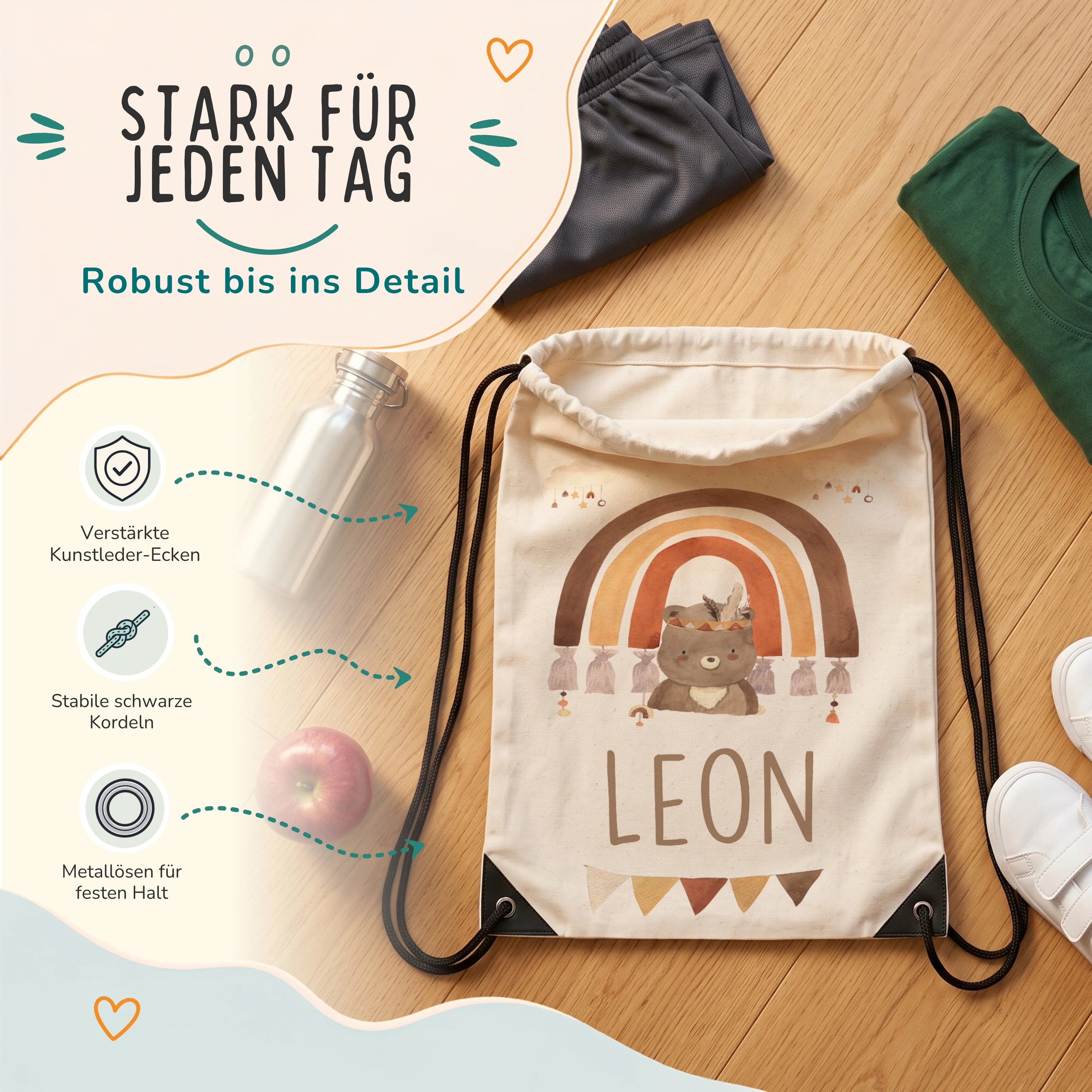 Personalisierter Turnbeutel Boho Bär Regenbogen, verstärkte Kunstleder-Ecken und Metallösen im Detail
