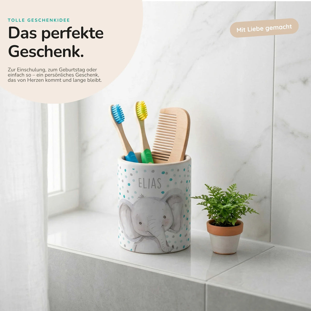 Personalisierter Stiftehalter Elefant Konfetti – Keramik mit Wunschname