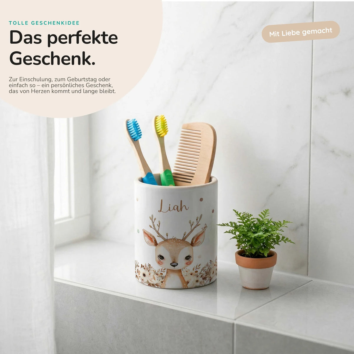Personalisierter Stiftehalter Rehkitz Zweige – Keramik mit Wunschname