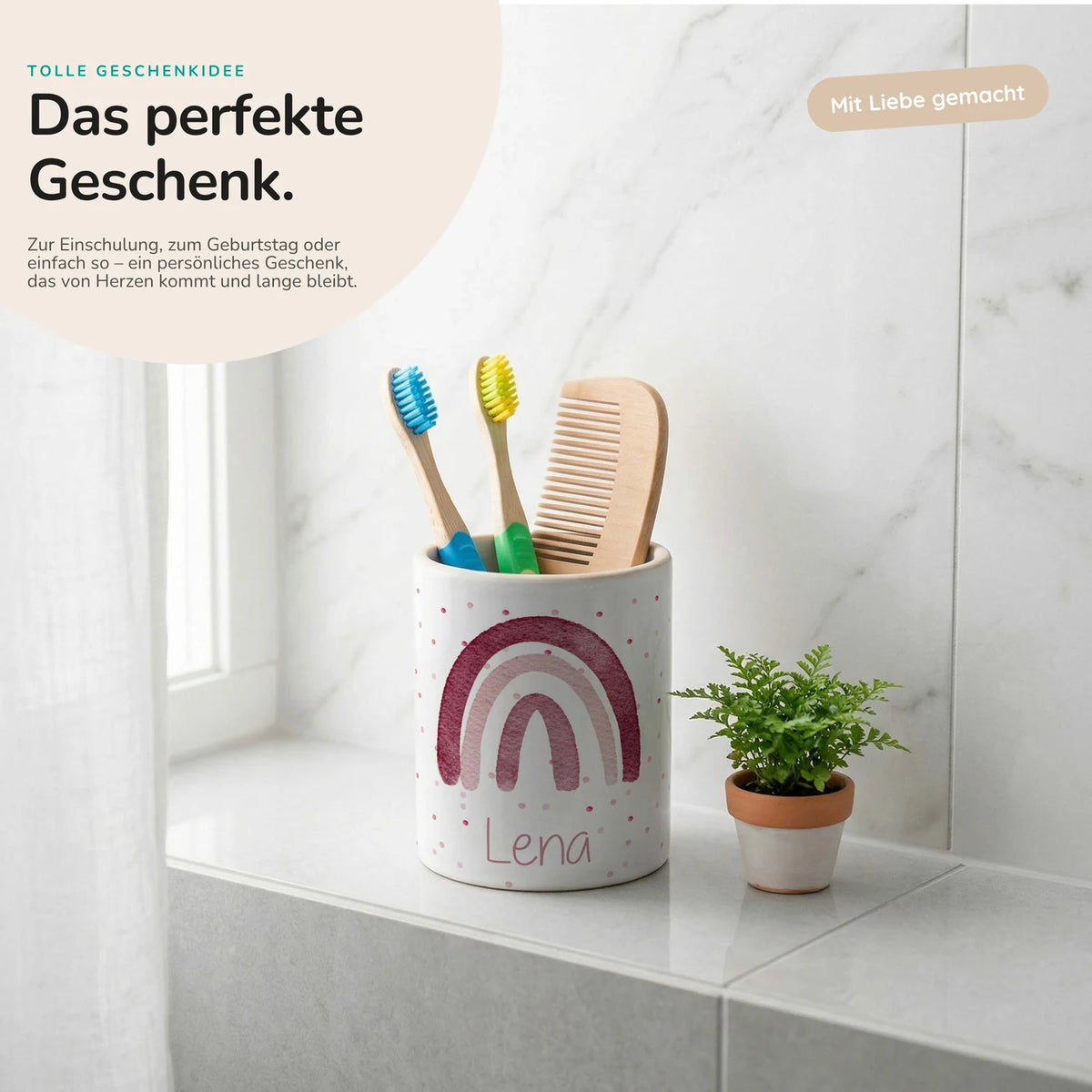 Personalisierter Stiftehalter Regenbogen Rosa – Keramik mit Wunschname