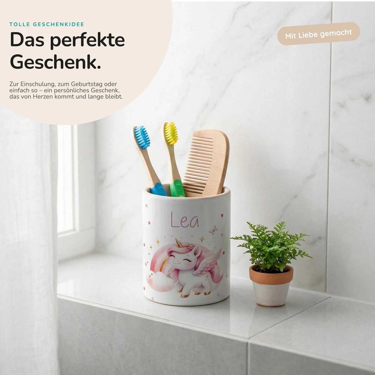 Personalisierter Stiftehalter Einhorn Flügel – Keramik mit Wunschname