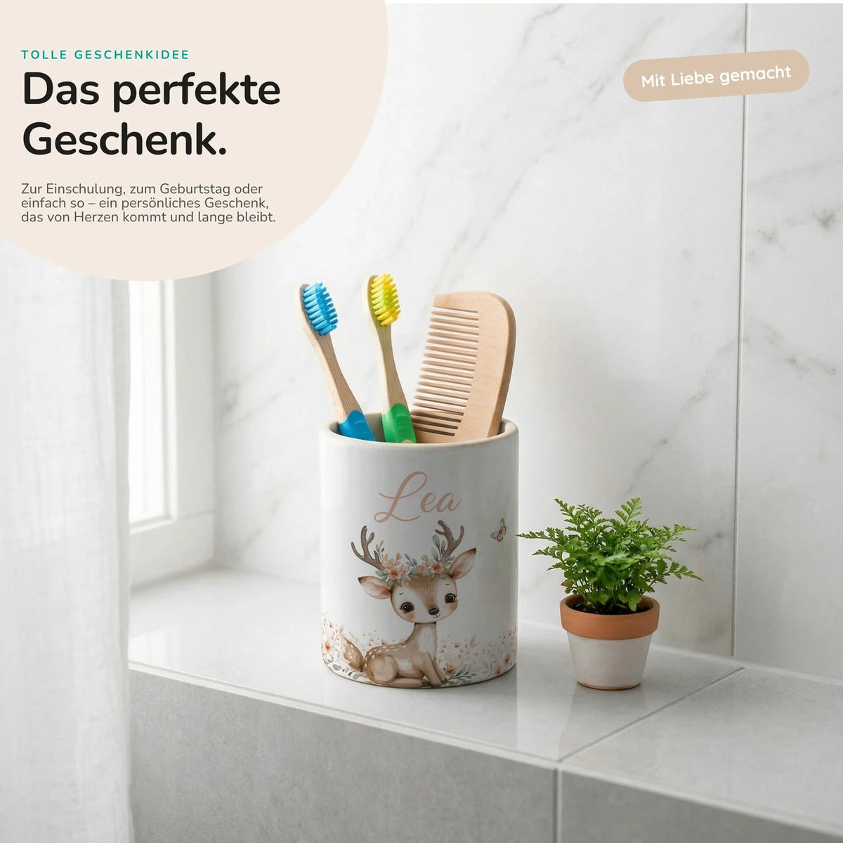 Personalisierter Stiftehalter Reh Blumenkranz – Keramik mit Wunschname