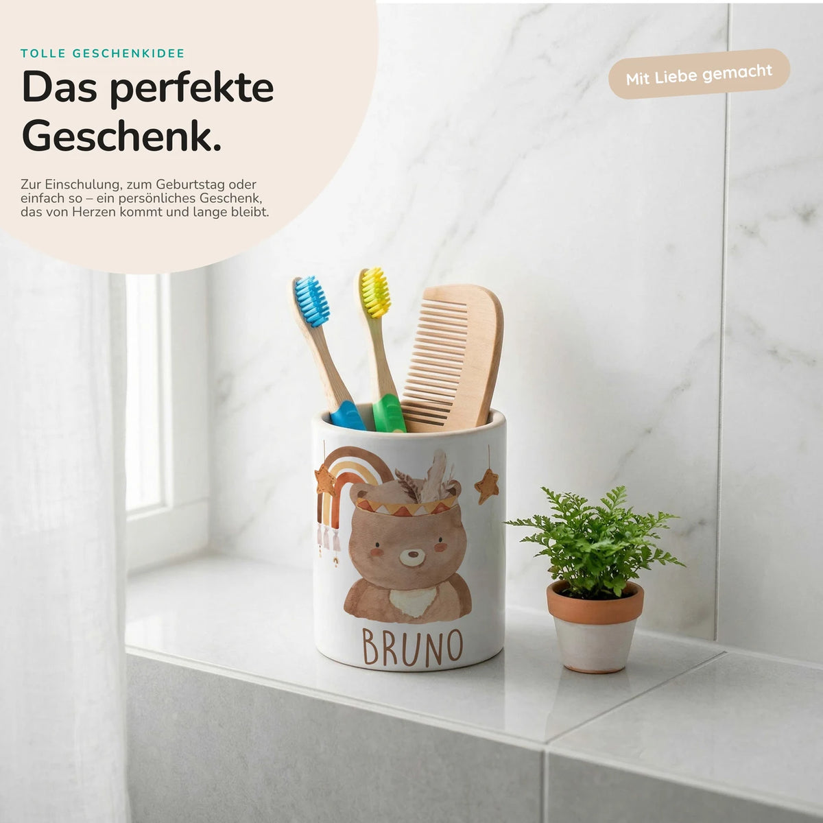 Personalisierter Stiftehalter Boho-Bär – Keramik mit Wunschname