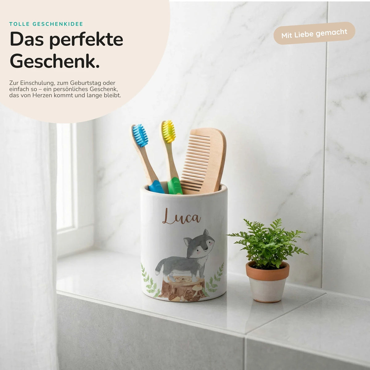 Personalisierter Stiftehalter Wolf Wald – Keramik mit Wunschname