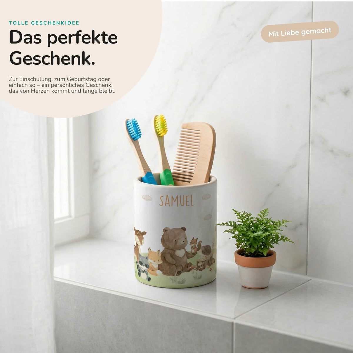 Personalisierter Stiftehalter Waldfreunde IV – Keramik mit Wunschname