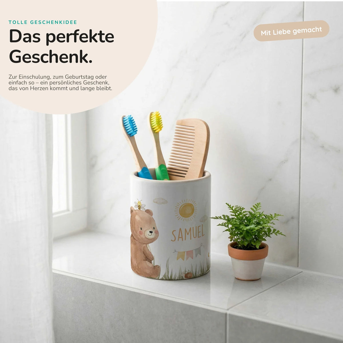 Personalisierter Stiftehalter Bär Sommer – Keramik mit Wunschname