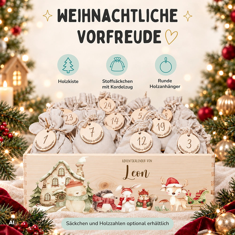 Adventskalender zum Befüllen "Winterdorf mit Tieren" personalisiert