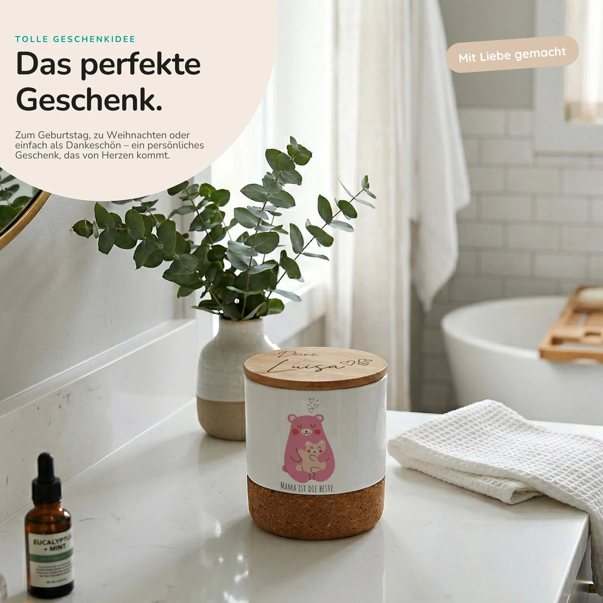 Duftkerze Vanille Keramik – Bärenmama Kind mit Wunschname