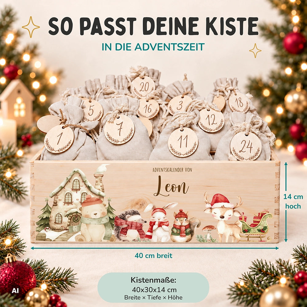 Adventskalender zum Befüllen "Winterdorf mit Tieren" personalisiert