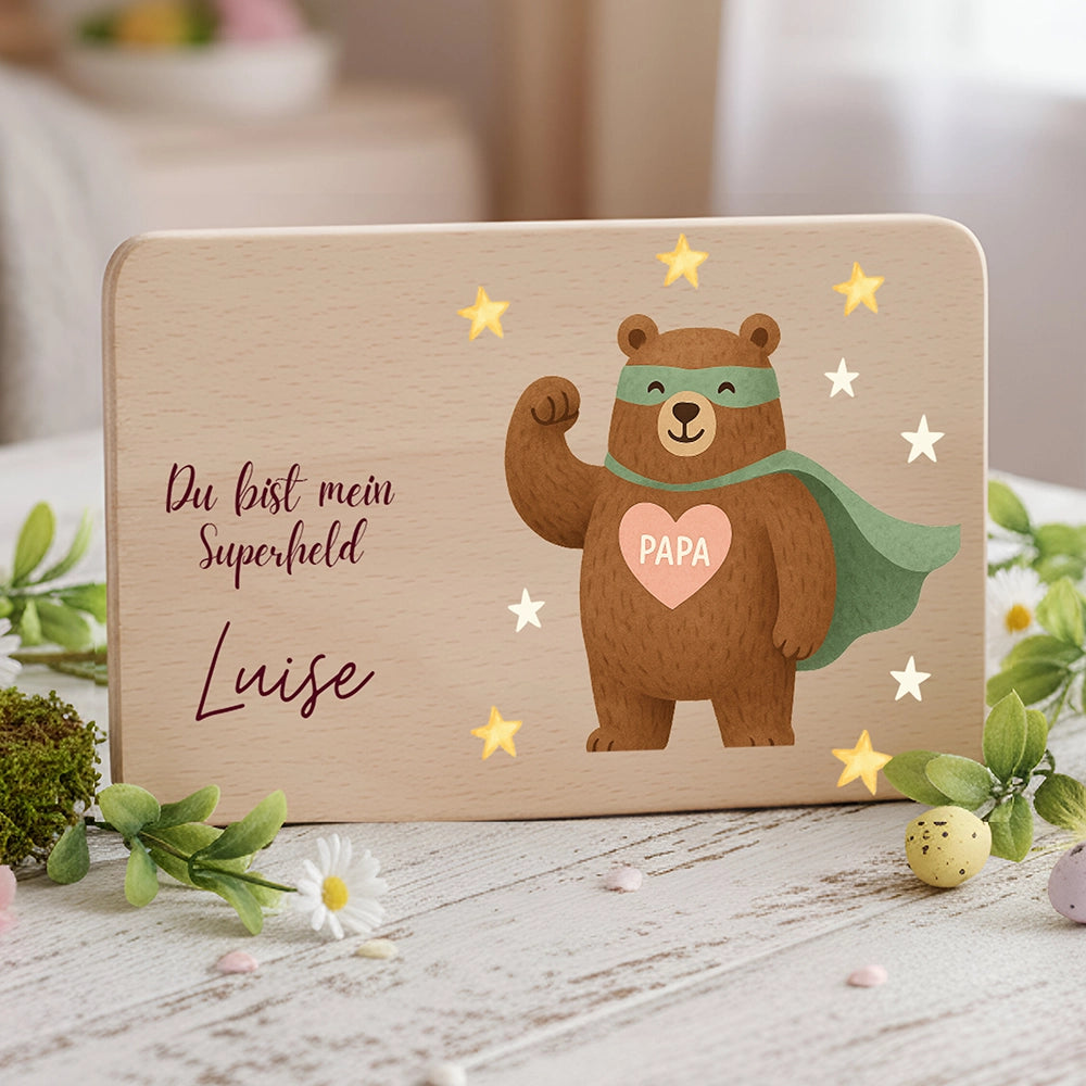 Frühstücksbrettchen Holz Du bist mein Superheld mit Gravur - Geschenk Vatertag