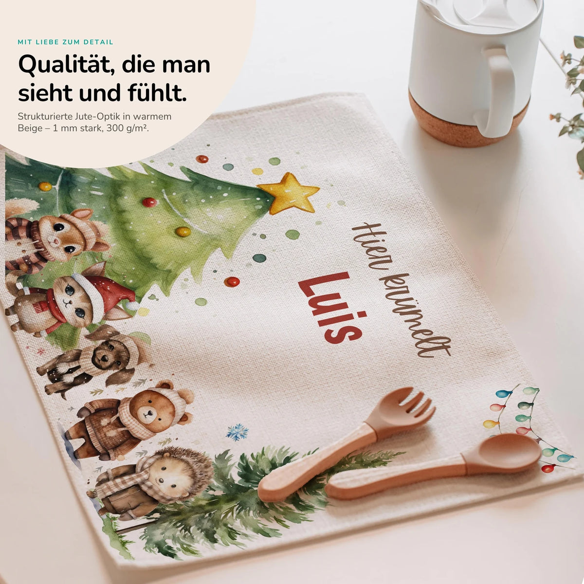 Tischset Kinder personalisiert Weihnachtsmotiv - Freundliche Waldbewohner